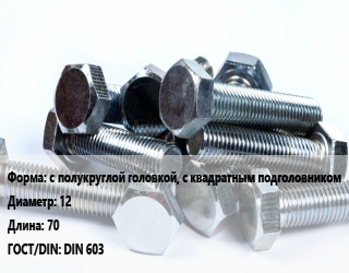 Болт с полукруглой головкой, с квадратным подголовником 12х70 DIN 603, оцинкованный, 4.8, упаковка 5 кг,5 кг,КНР,цена за шт, кг цена от 194.45 Тг / кг, где купить, условия доставки в Шымкенте и Южно-Казахстанской области